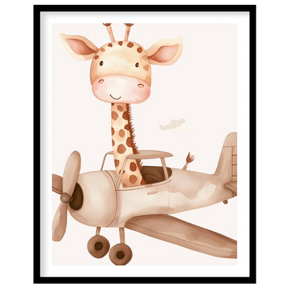A delightful blend of imagination and charm, this whimsical illustration features a giraffe pilotin… for home