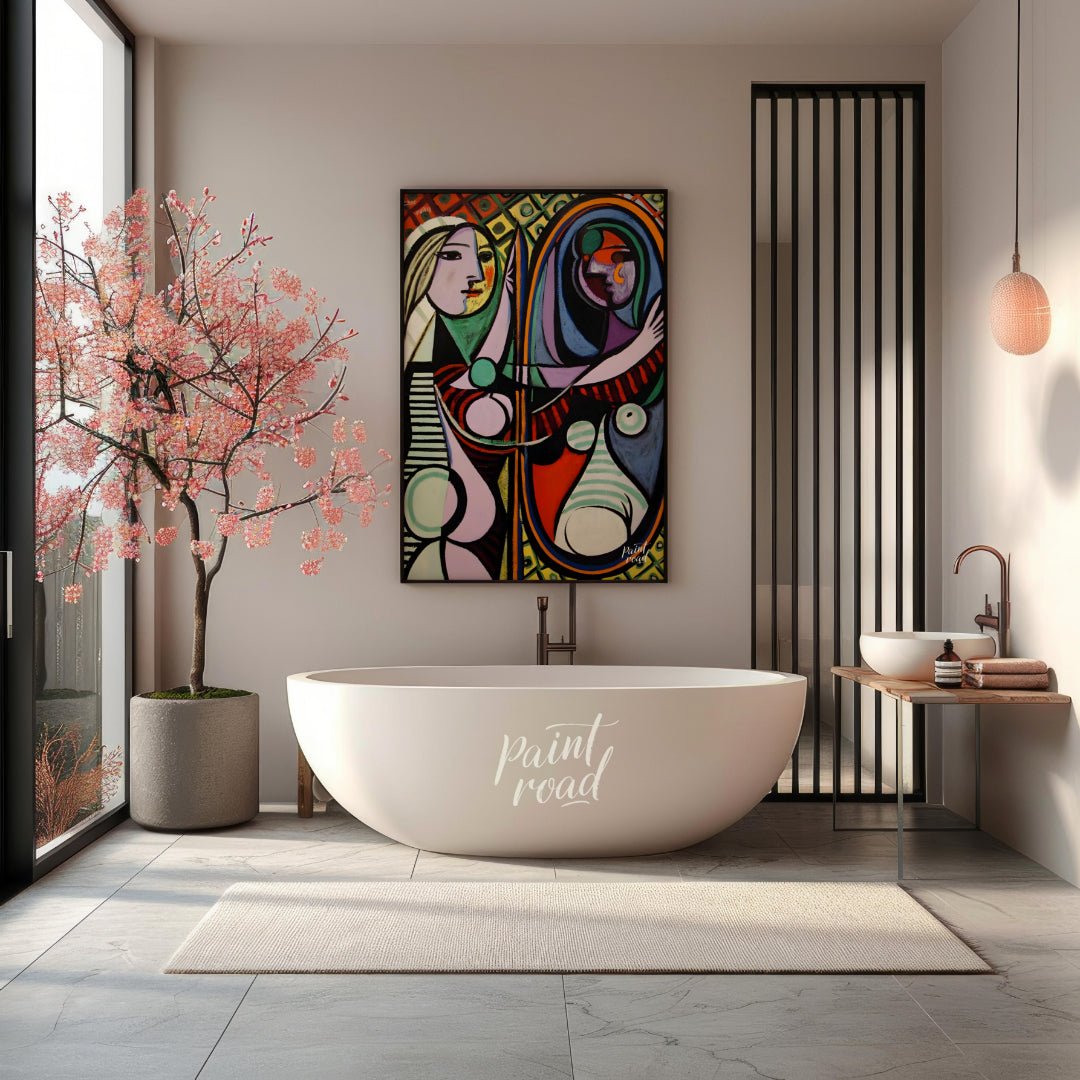“Girl Before a Mirror,” painted by Pablo Picasso in 1932, is one of his most celebrated and psychol… for bathroom