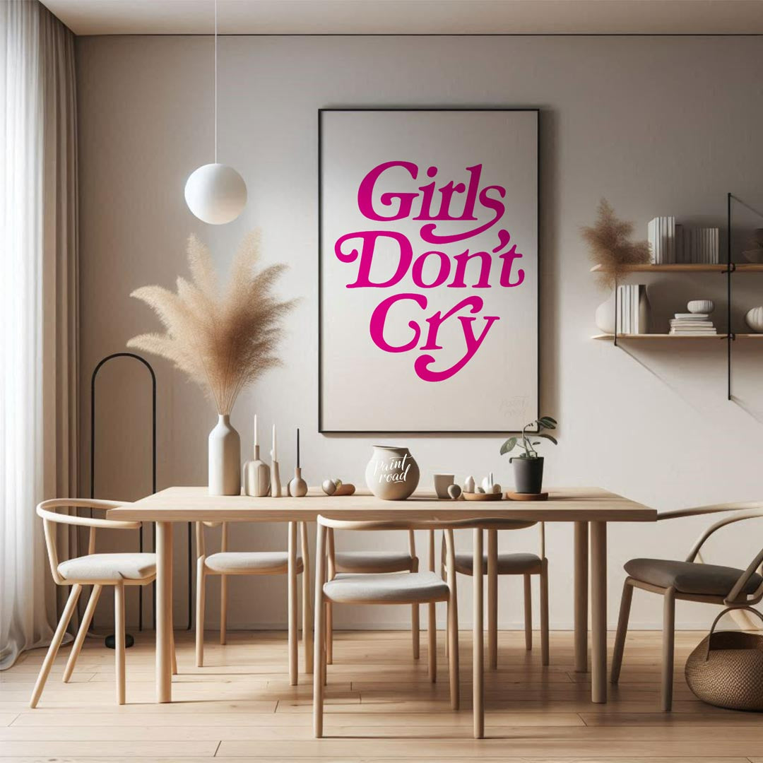 This contemporary graphic art print boldly presents the phrase “Girls Don’t Cry” in a distinctive, … for dining room