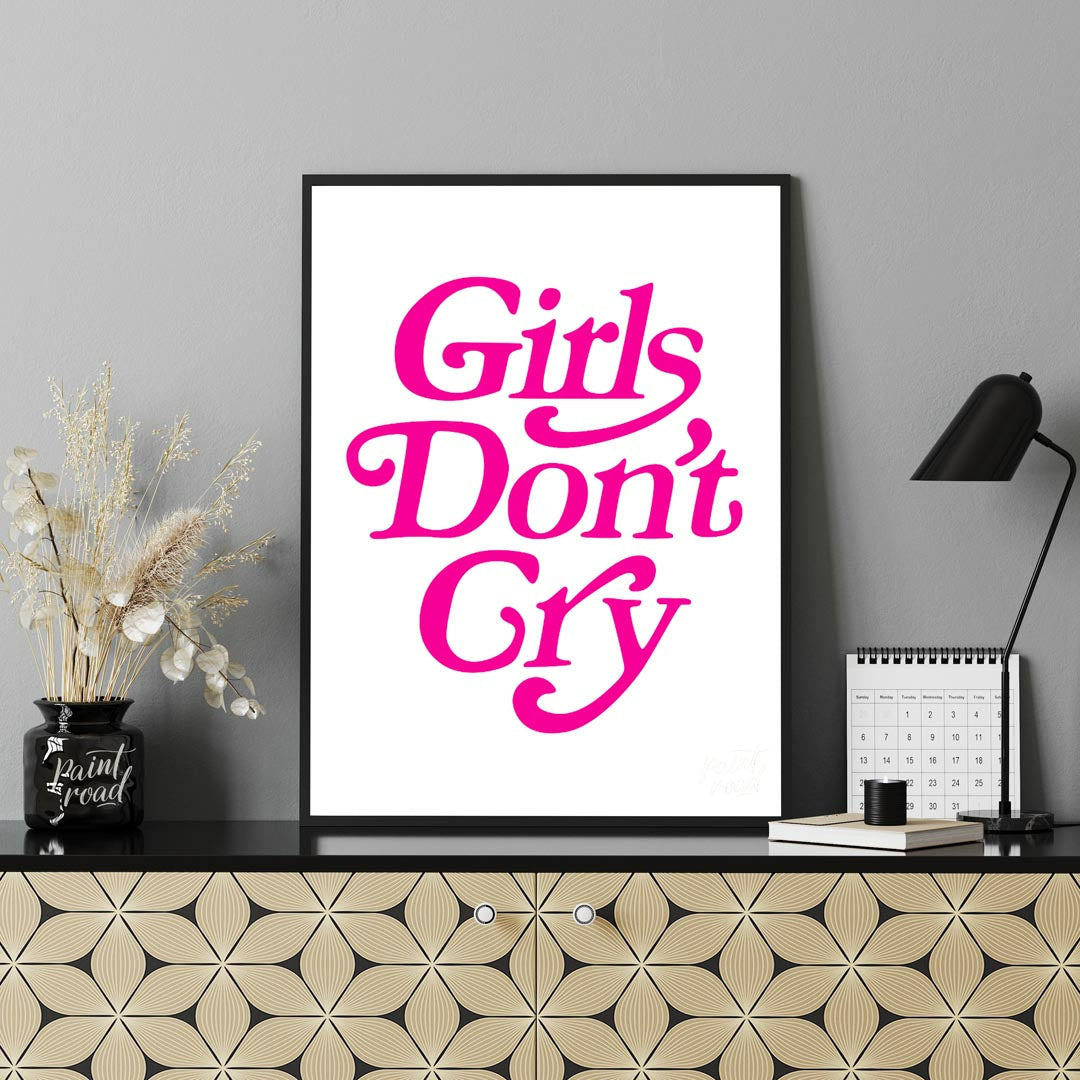 This contemporary graphic art print boldly presents the phrase “Girls Don’t Cry” in a distinctive, … for living room