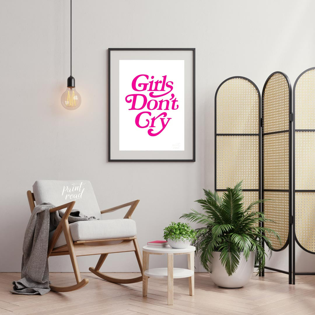 This contemporary graphic art print boldly presents the phrase “Girls Don’t Cry” in a distinctive, … for living room