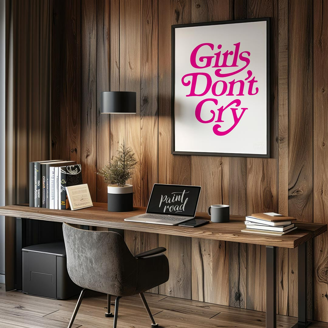 This contemporary graphic art print boldly presents the phrase “Girls Don’t Cry” in a distinctive, … for office