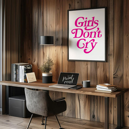 This contemporary graphic art print boldly presents the phrase “Girls Don’t Cry” in a distinctive, … for office