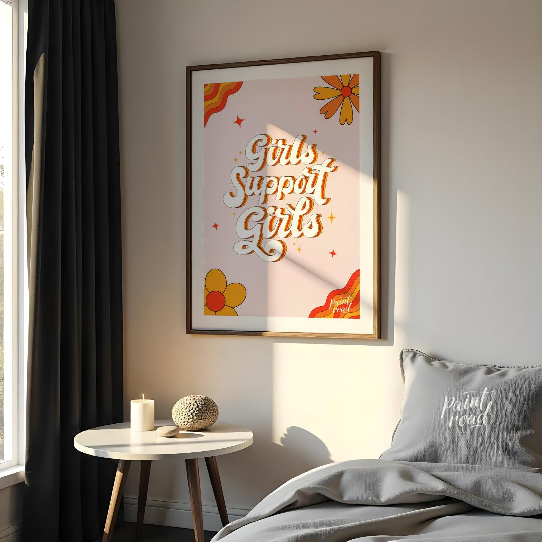 This vibrant and empowering graphic proudly displays the message “Girls Support Girls” in a bold, r… for bedroom