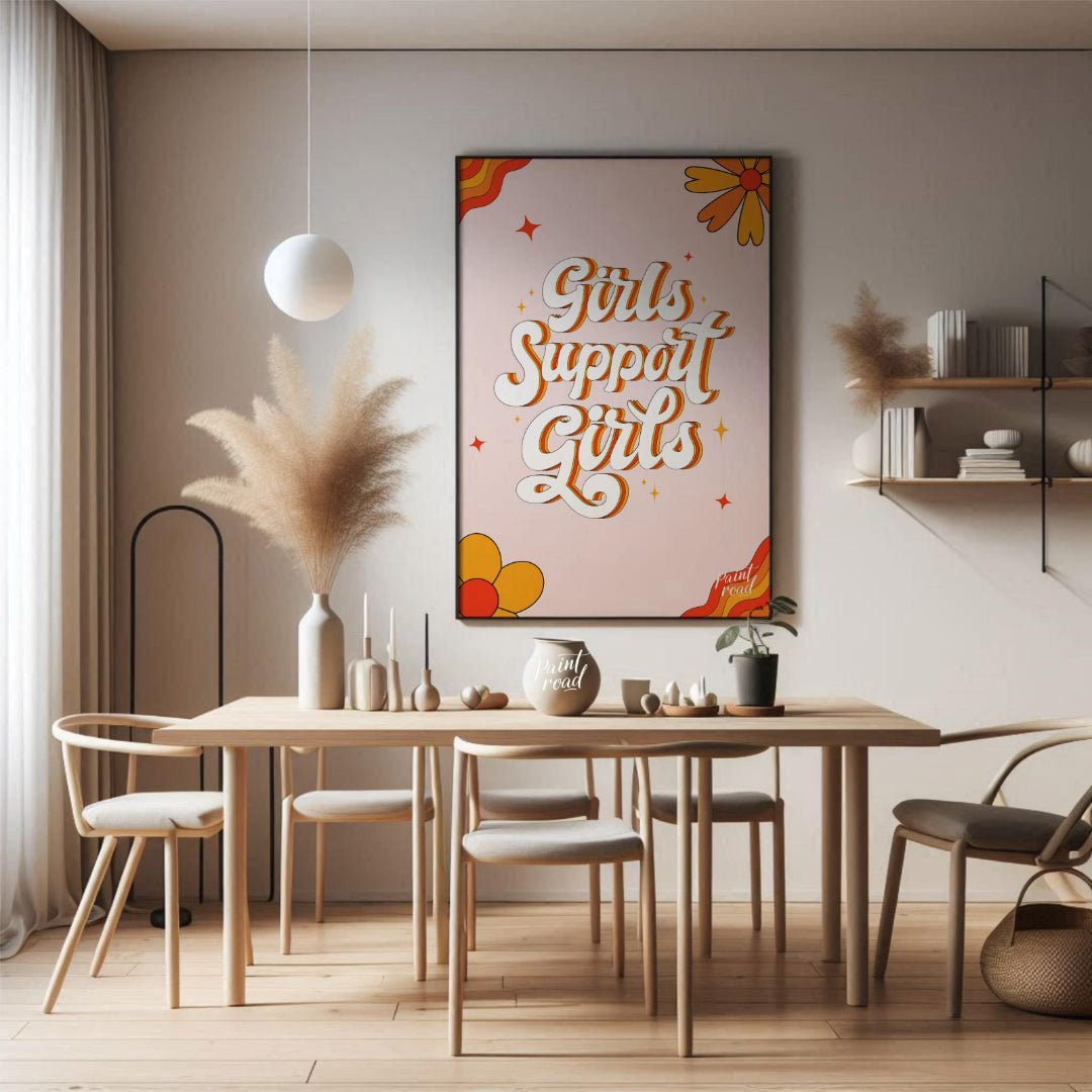 This vibrant and empowering graphic proudly displays the message “Girls Support Girls” in a bold, r… for dining room