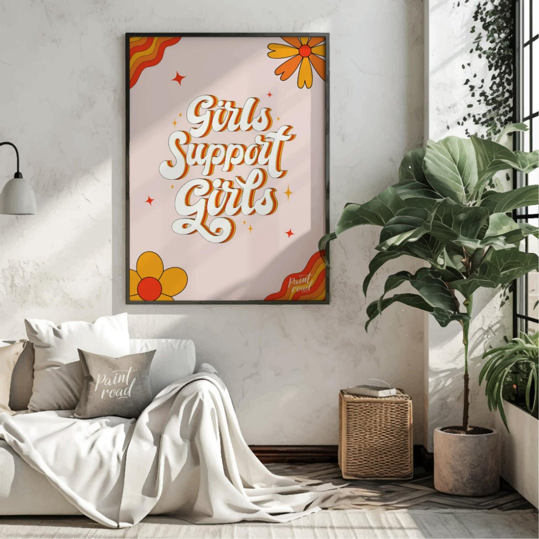 This vibrant and empowering graphic proudly displays the message “Girls Support Girls” in a bold, r… for living room