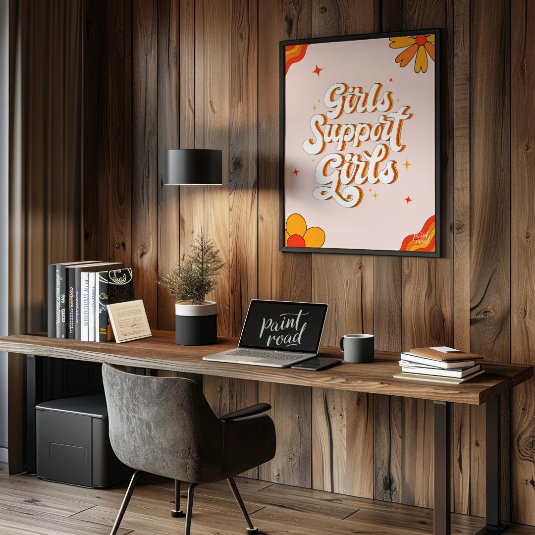 This vibrant and empowering graphic proudly displays the message “Girls Support Girls” in a bold, r… for office