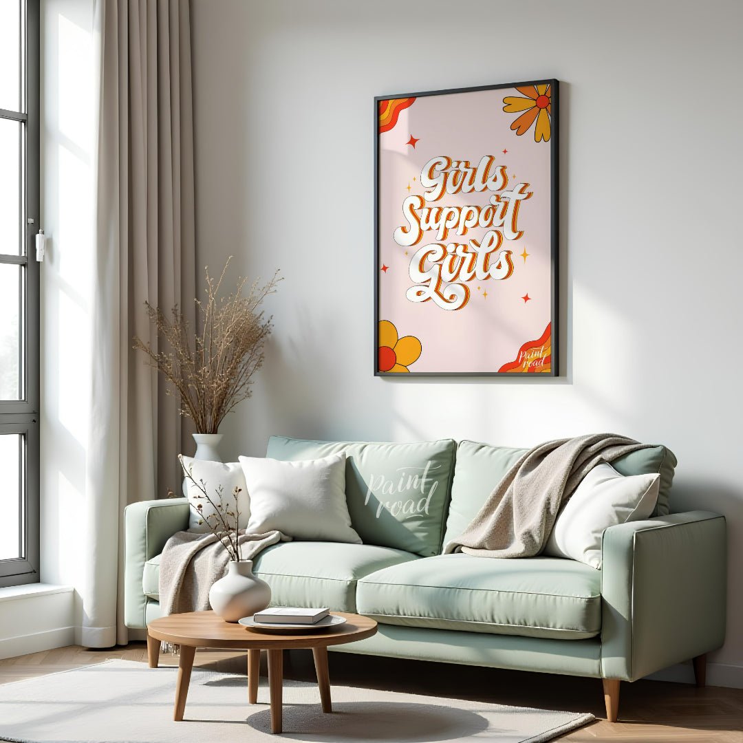 Girls Support Girls Painting available online at Paintroad showing 70s vibe empowerment and female power