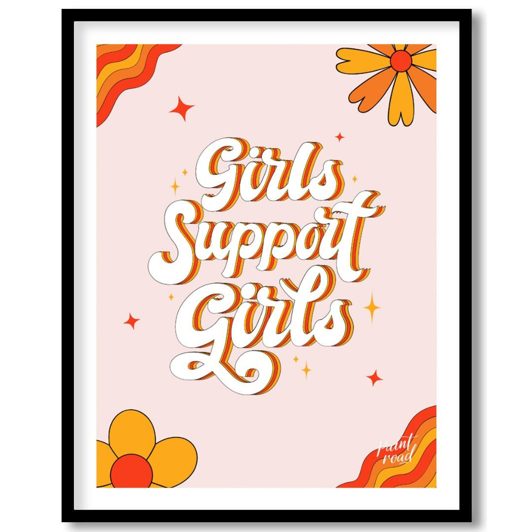 Girls Support Girls Painting available online at Paintroad showing 70s vibe empowerment and female power