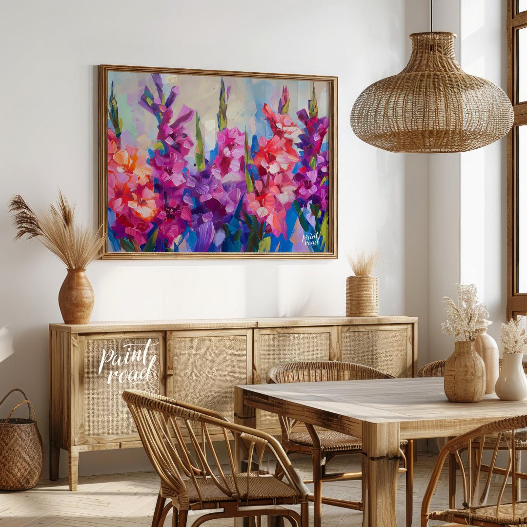 This vibrant painting captures the essence of gladiolus flowers in full bloom. The artist employs b… for dining room