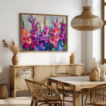 This vibrant painting captures the essence of gladiolus flowers in full bloom. The artist employs b… for dining room