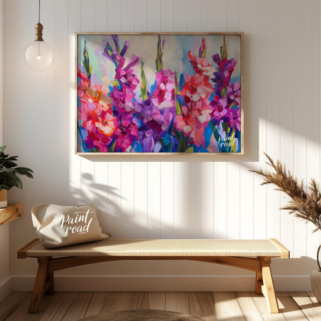 This vibrant painting captures the essence of gladiolus flowers in full bloom. The artist employs b… for entryway