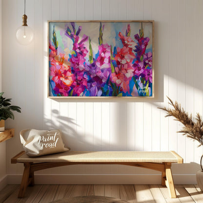 This vibrant painting captures the essence of gladiolus flowers in full bloom. The artist employs b… for entryway