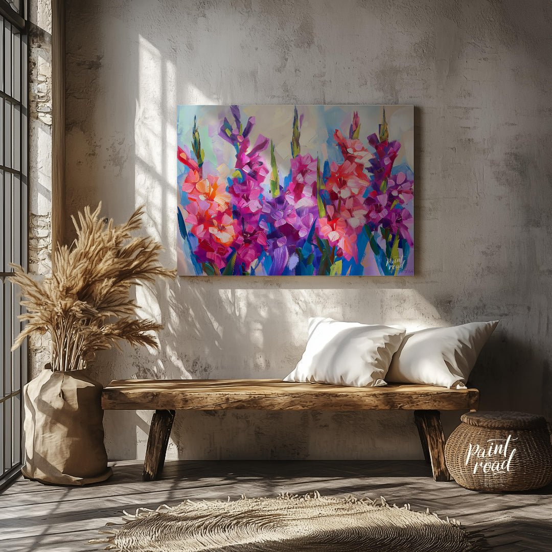 This vibrant painting captures the essence of gladiolus flowers in full bloom. The artist employs b… for entryway