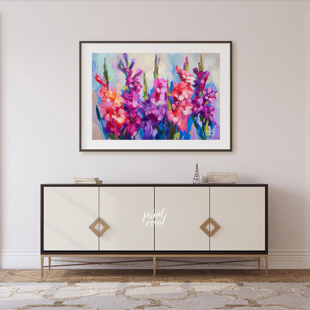 This vibrant painting captures the essence of gladiolus flowers in full bloom. The artist employs b… for hallway