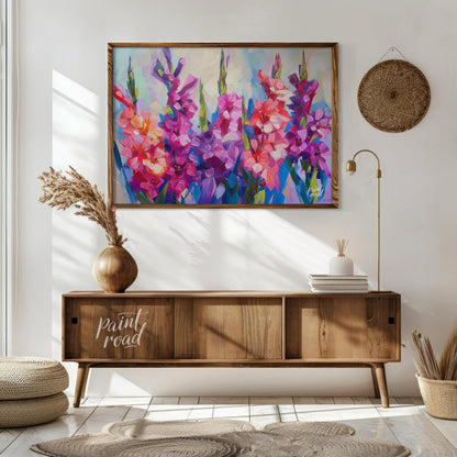 This vibrant painting captures the essence of gladiolus flowers in full bloom. The artist employs b… for living room