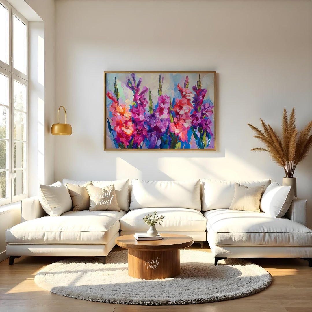 This vibrant painting captures the essence of gladiolus flowers in full bloom. The artist employs b… for living room