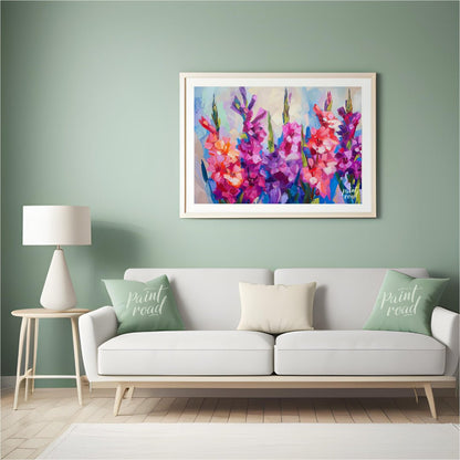 This vibrant painting captures the essence of gladiolus flowers in full bloom. The artist employs b… for living room