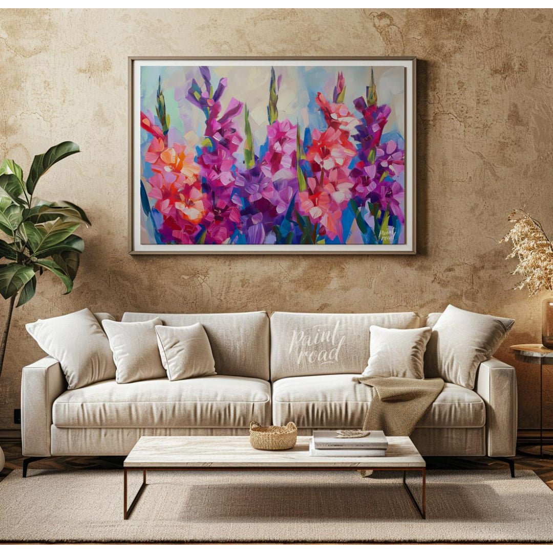 This vibrant painting captures the essence of gladiolus flowers in full bloom. The artist employs b… for living room