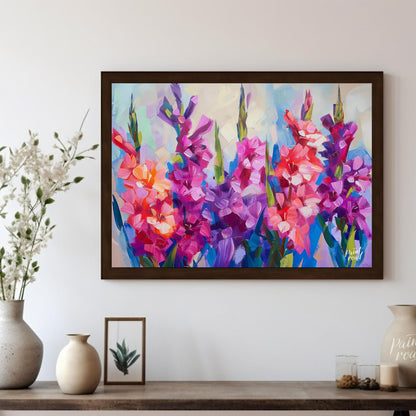 This vibrant painting captures the essence of gladiolus flowers in full bloom. The artist employs b… for living room