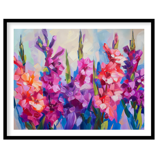 This vibrant painting captures the essence of gladiolus flowers in full bloom. The artist employs b… for room