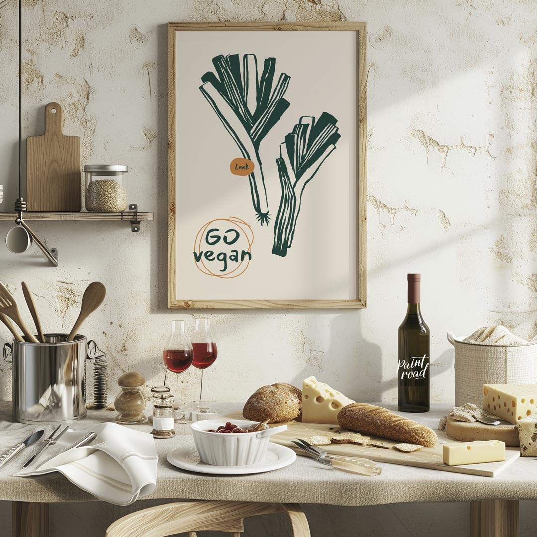 This poster features a clean and striking line art illustration of two leeks, depicted in a deep gr… for kitchen