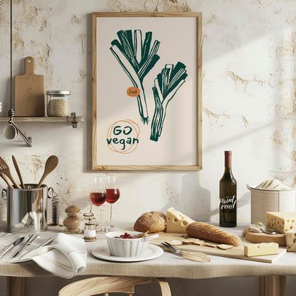 This poster features a clean and striking line art illustration of two leeks, depicted in a deep gr… for kitchen