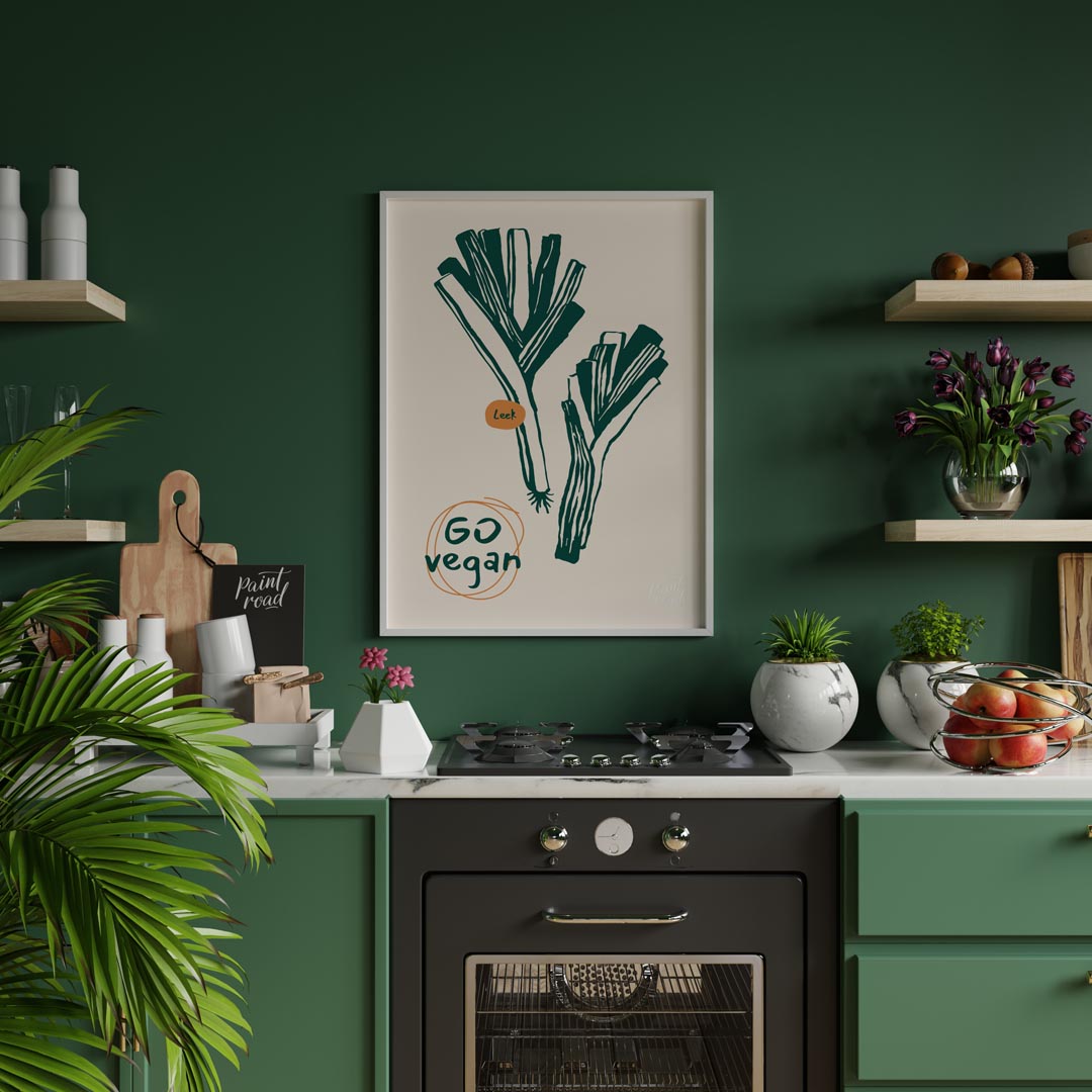 This poster features a clean and striking line art illustration of two leeks, depicted in a deep gr… for kitchen