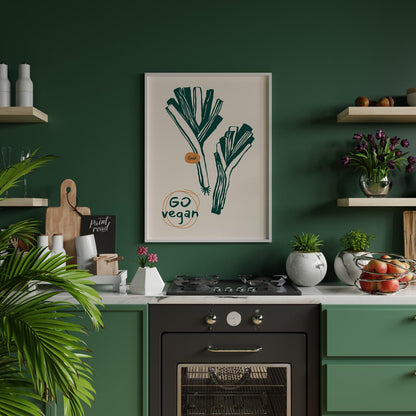 This poster features a clean and striking line art illustration of two leeks, depicted in a deep gr… for kitchen