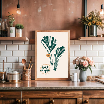 This poster features a clean and striking line art illustration of two leeks, depicted in a deep gr… for kitchen