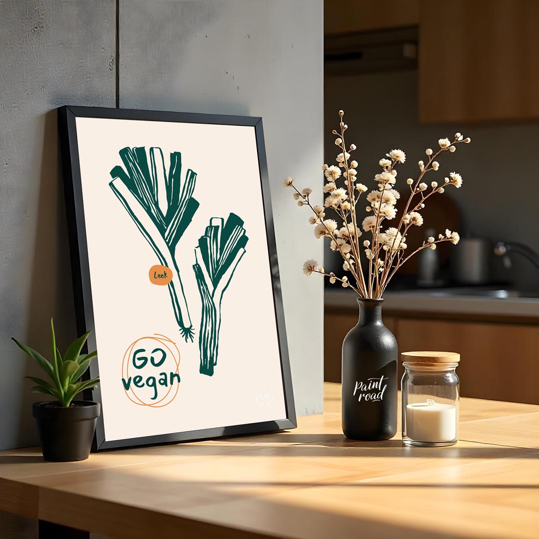 This poster features a clean and striking line art illustration of two leeks, depicted in a deep gr… for kitchen