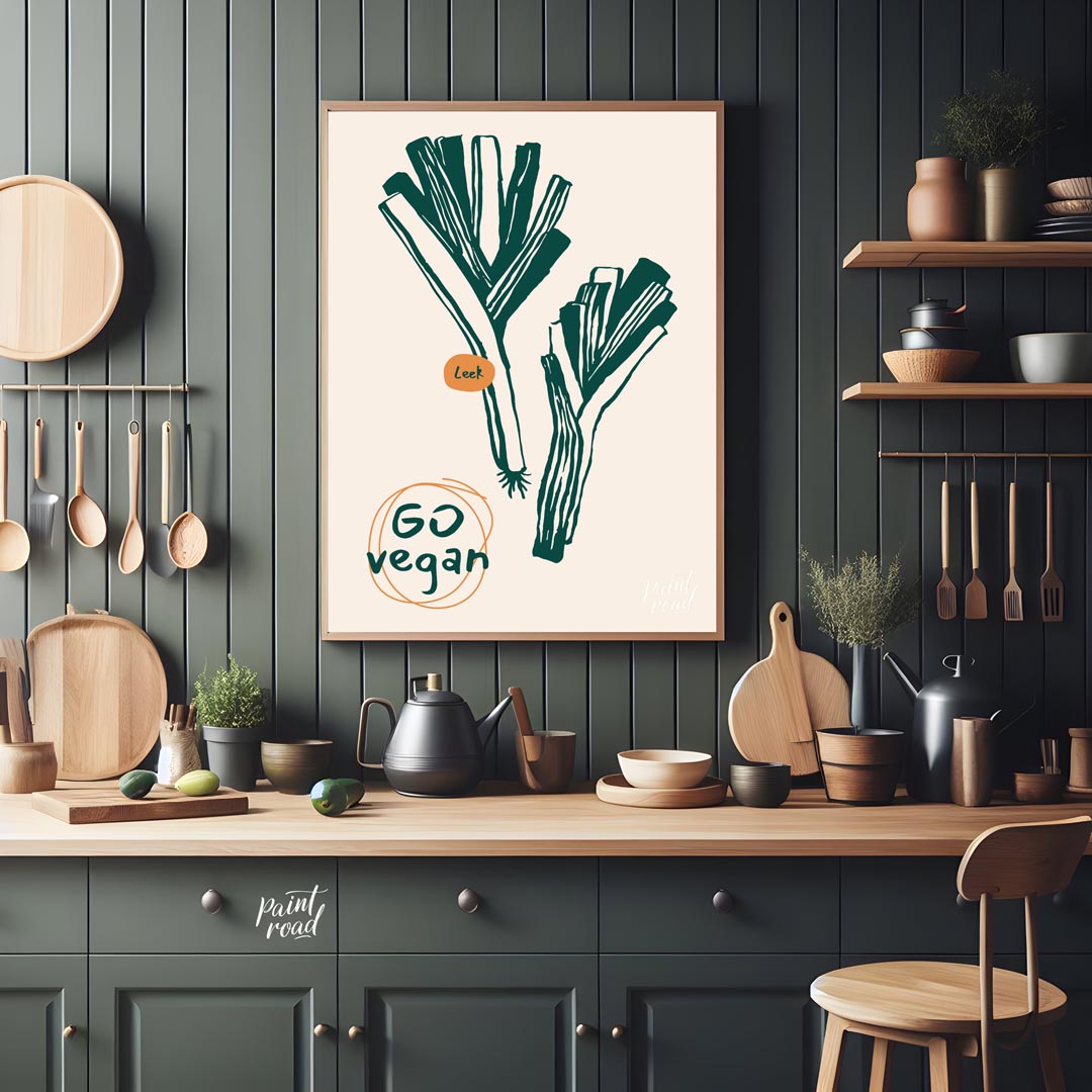 This poster features a clean and striking line art illustration of two leeks, depicted in a deep gr… for kitchen