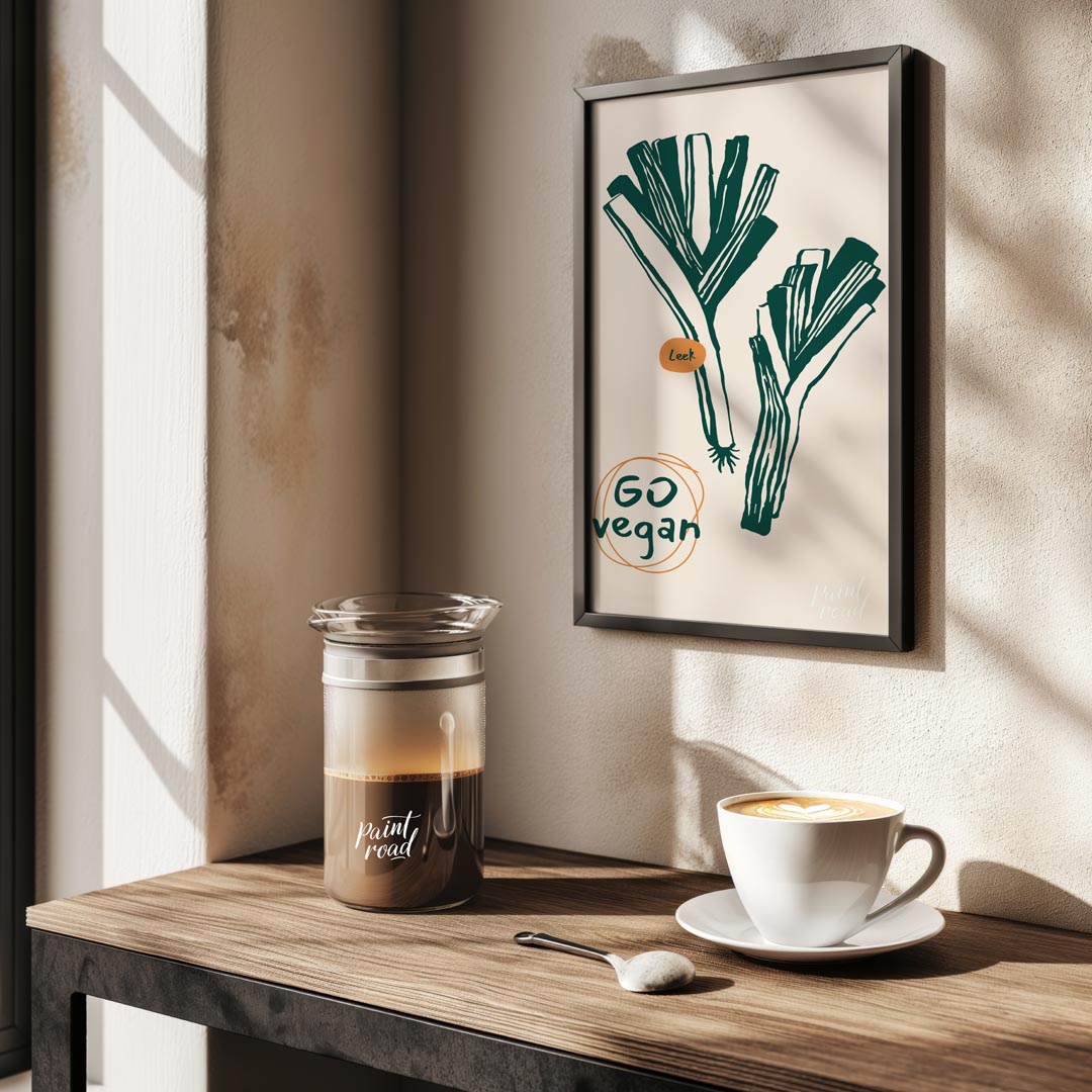 This poster features a clean and striking line art illustration of two leeks, depicted in a deep gr… for kitchen