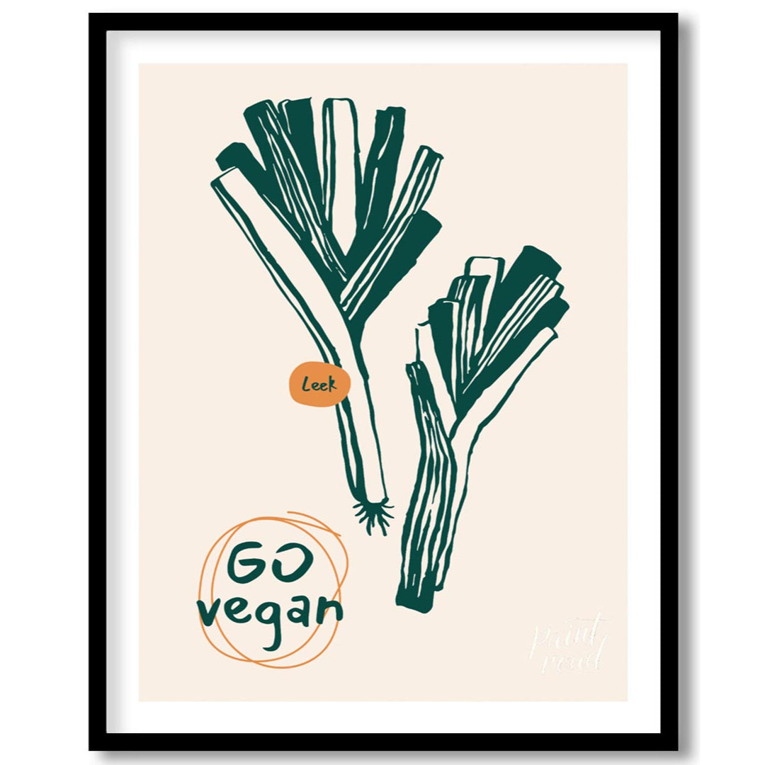 This poster features a clean and striking line art illustration of two leeks, depicted in a deep gr… for place