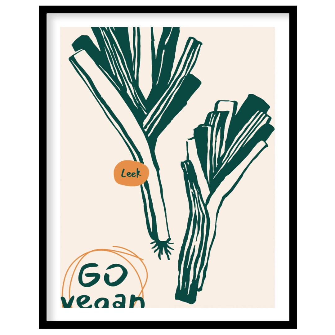 This poster features a clean and striking line art illustration of two leeks, depicted in a deep gr… for place