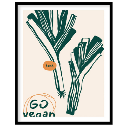 This poster features a clean and striking line art illustration of two leeks, depicted in a deep gr… for place
