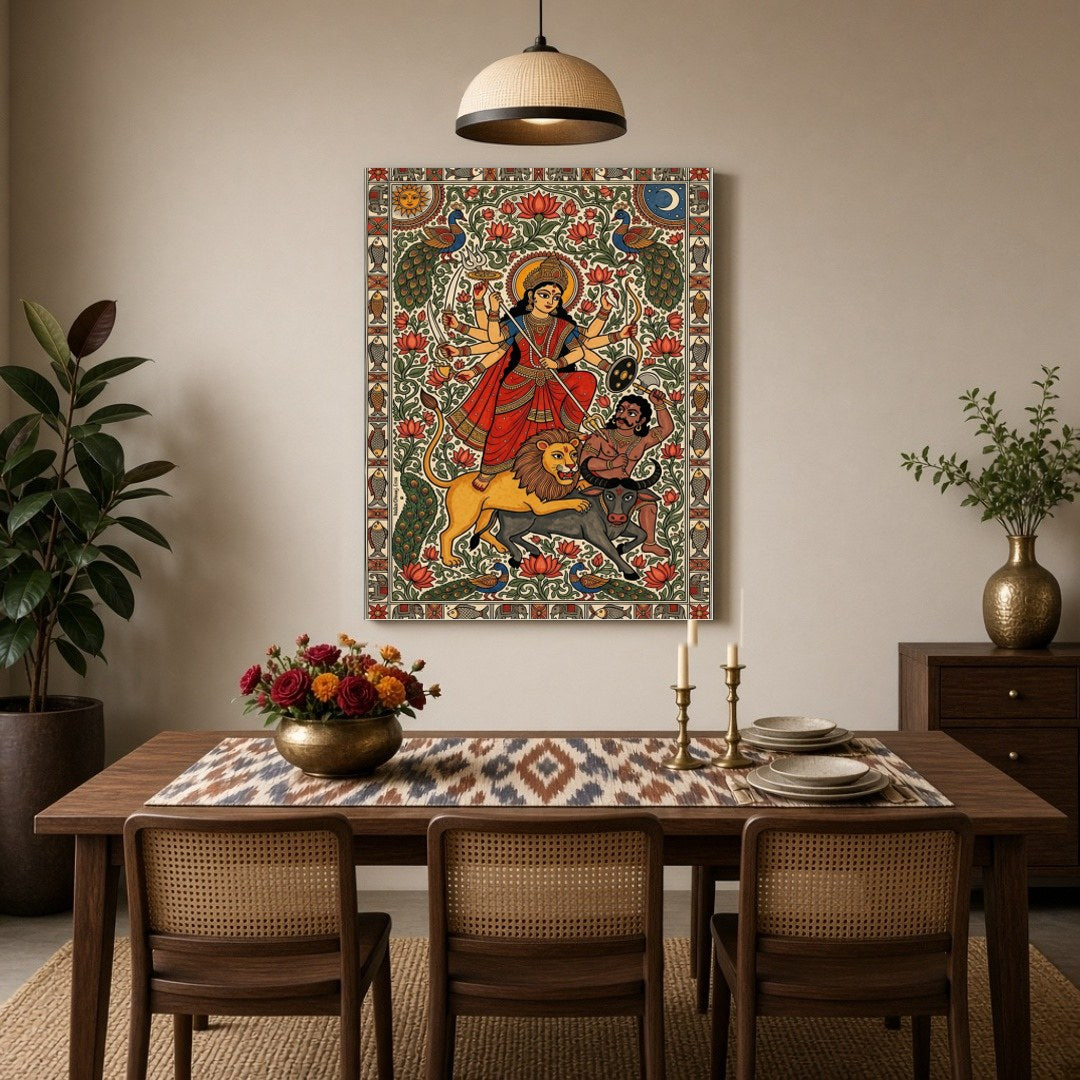 Immerse yourself in the dynamic energy of Goddess Durga as she triumphs over Mahishasura in this for Dining