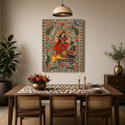 Immerse yourself in the dynamic energy of Goddess Durga as she triumphs over Mahishasura in this for Dining