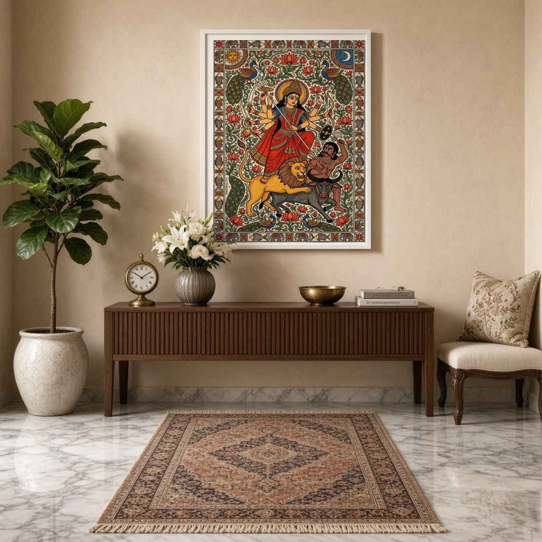 Immerse yourself in the dynamic energy of Goddess Durga as she triumphs over Mahishasura in this for Entrance