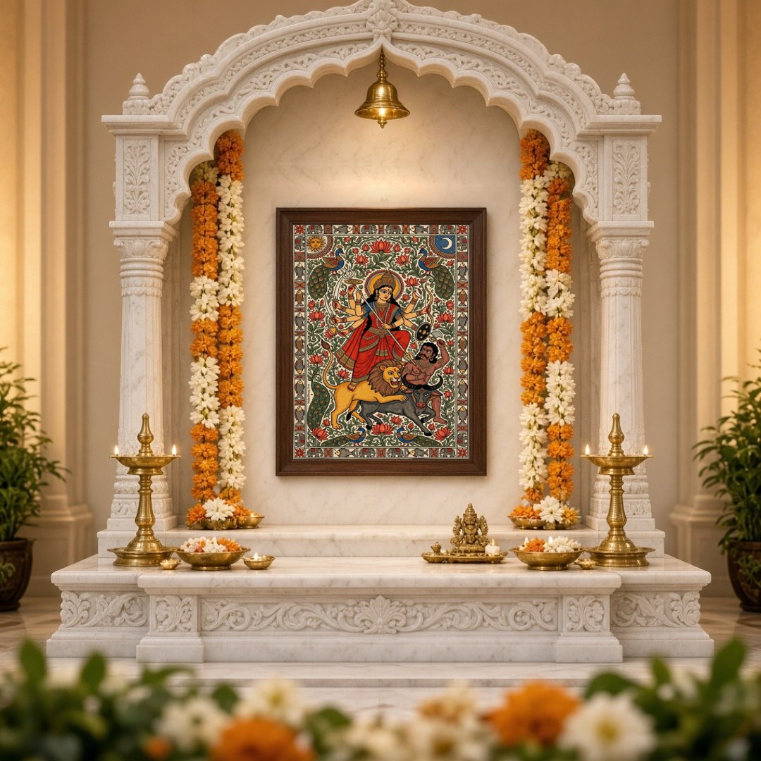 Immerse yourself in the dynamic energy of Goddess Durga as she triumphs over Mahishasura in this for Home Temple