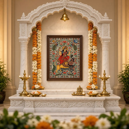 Immerse yourself in the dynamic energy of Goddess Durga as she triumphs over Mahishasura in this for Home Temple