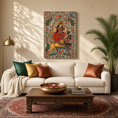 Immerse yourself in the dynamic energy of Goddess Durga as she triumphs over Mahishasura in this for Living Room