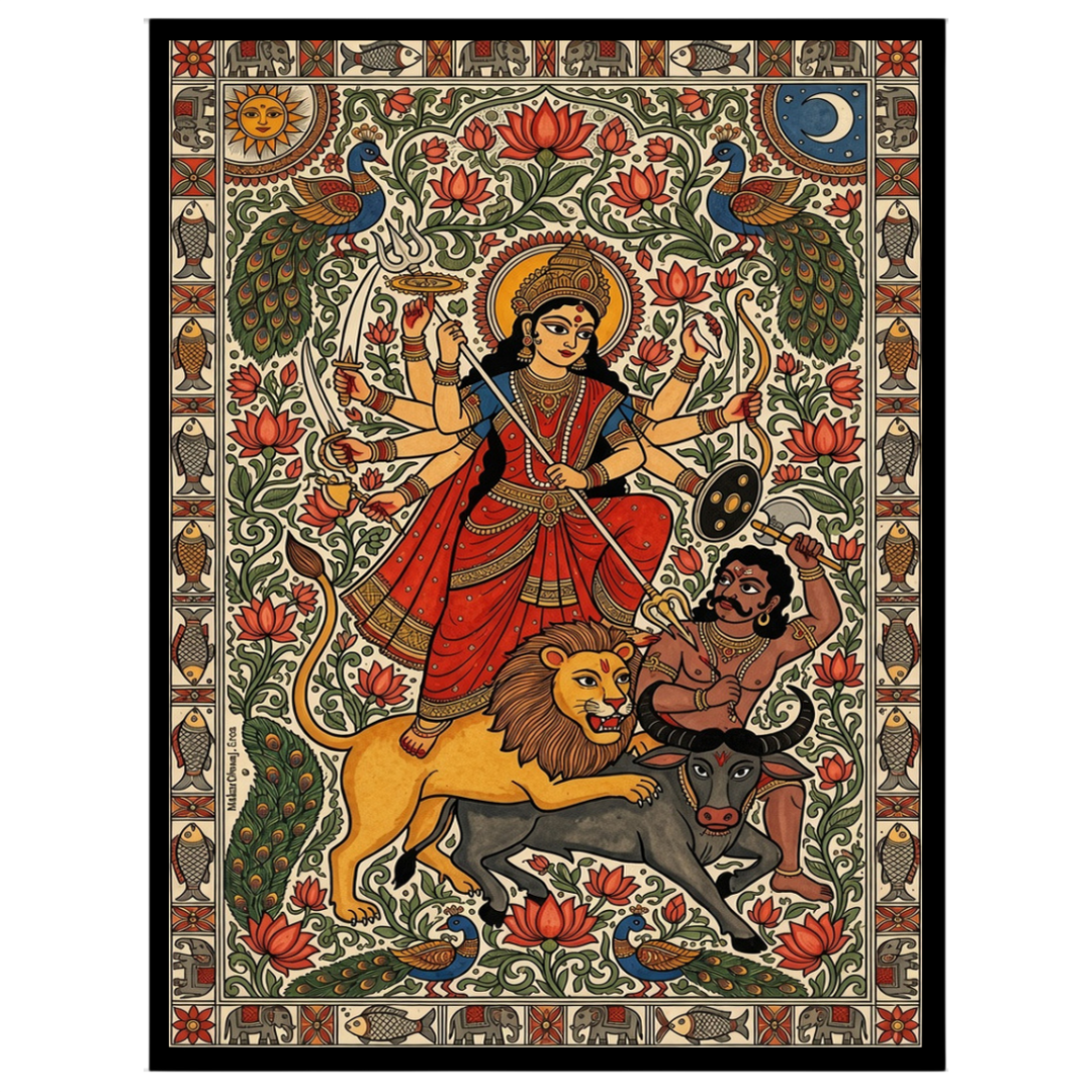 Immerse yourself in the dynamic energy of Goddess Durga as she triumphs over Mahishasura in this for lovely-house