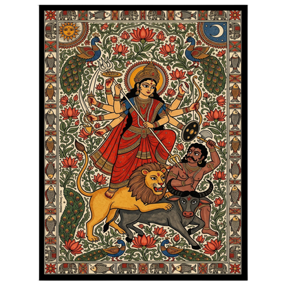 Immerse yourself in the dynamic energy of Goddess Durga as she triumphs over Mahishasura in this for lovely-house