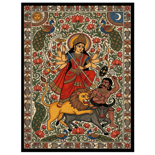 Immerse yourself in the dynamic energy of Goddess Durga as she triumphs over Mahishasura in this for lovely-house