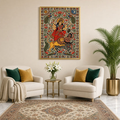 Immerse yourself in the dynamic energy of Goddess Durga as she triumphs over Mahishasura in this for Sitting Lounge