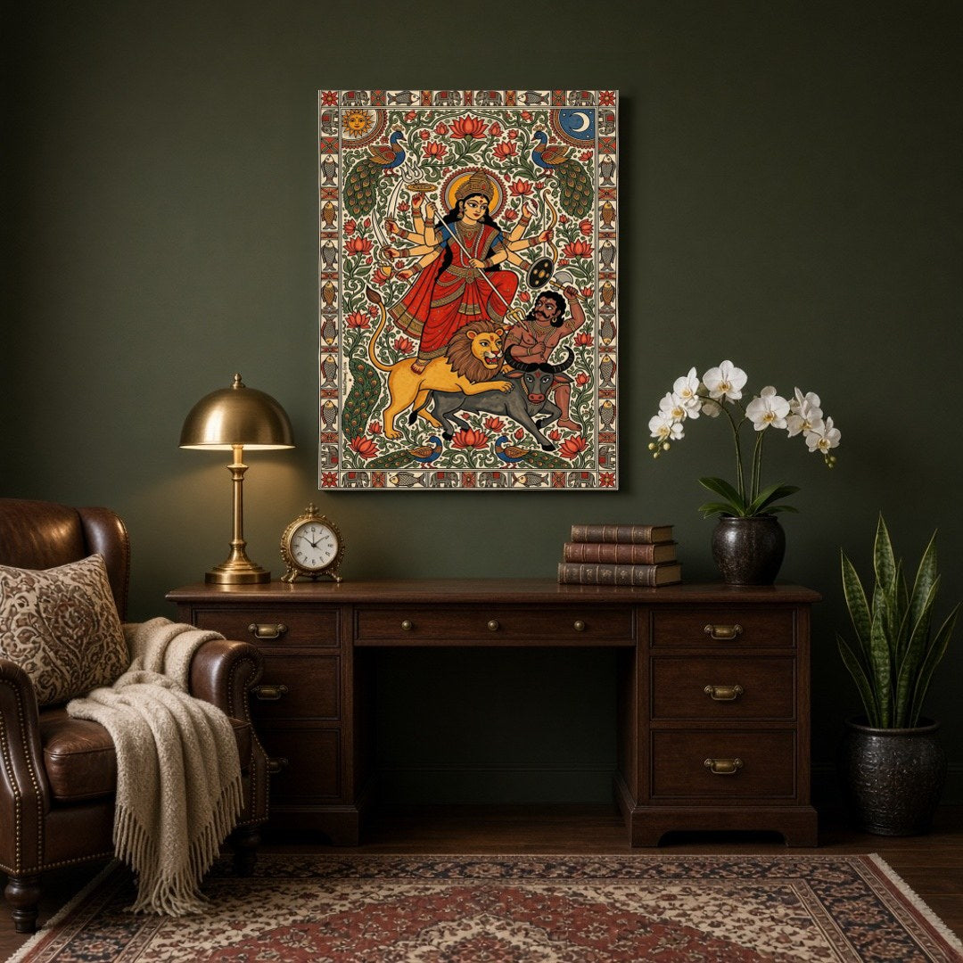 Immerse yourself in the dynamic energy of Goddess Durga as she triumphs over Mahishasura in this for Study