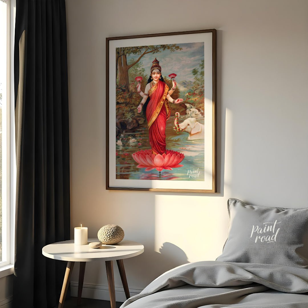 This vibrant painting, attributed to Raja Ravi Varma, depicts Lakshmi, the Hindu goddess of wealth,… for bedroom