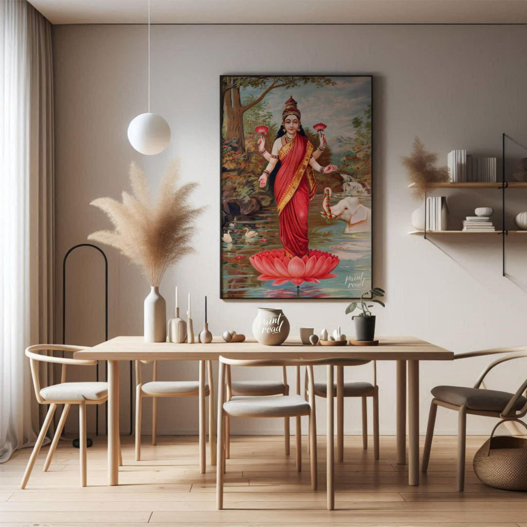 This vibrant painting, attributed to Raja Ravi Varma, depicts Lakshmi, the Hindu goddess of wealth,… for dining room