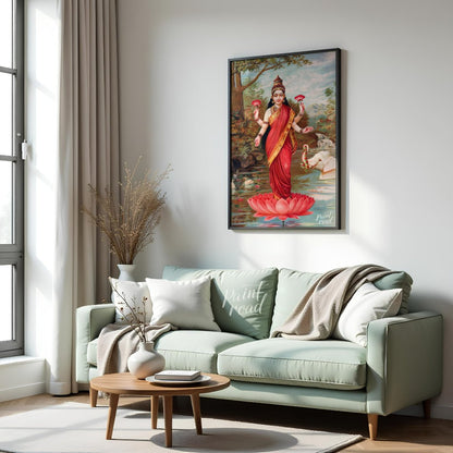 This vibrant painting, attributed to Raja Ravi Varma, depicts Lakshmi, the Hindu goddess of wealth,… for living room